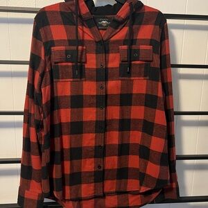 VGC Women's HARLEY DAVIDSON, Size L, BLACK & RED FLANNEL w/Hoodie, B3